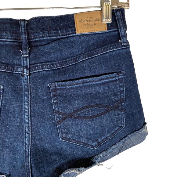 Abercrombie & Fitch Women's Size 4 w27 Dark Blue Denim Cut-off Shorts Raw Fringe - Picture 4 of 11